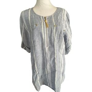 Ellen Tracy Women's Blue White Striped Linen Tunic Top Shirt Size Medium